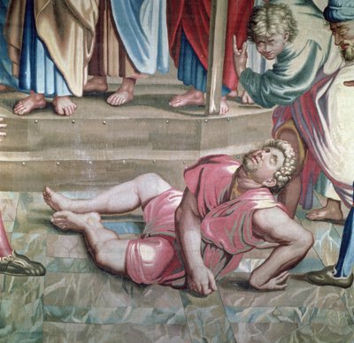 Wandtapijt met de Handelingen van de Apostelen, de dood van Ananias (detail) door Raffaello Sanzio Raphael